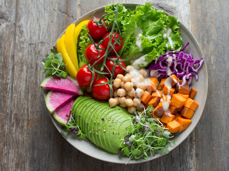 Colourful balanced meal on ceramic plate